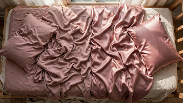 Lit non fait divisé en deux, un côté en soie rose poudré mate, l'autre en satin plus brillant