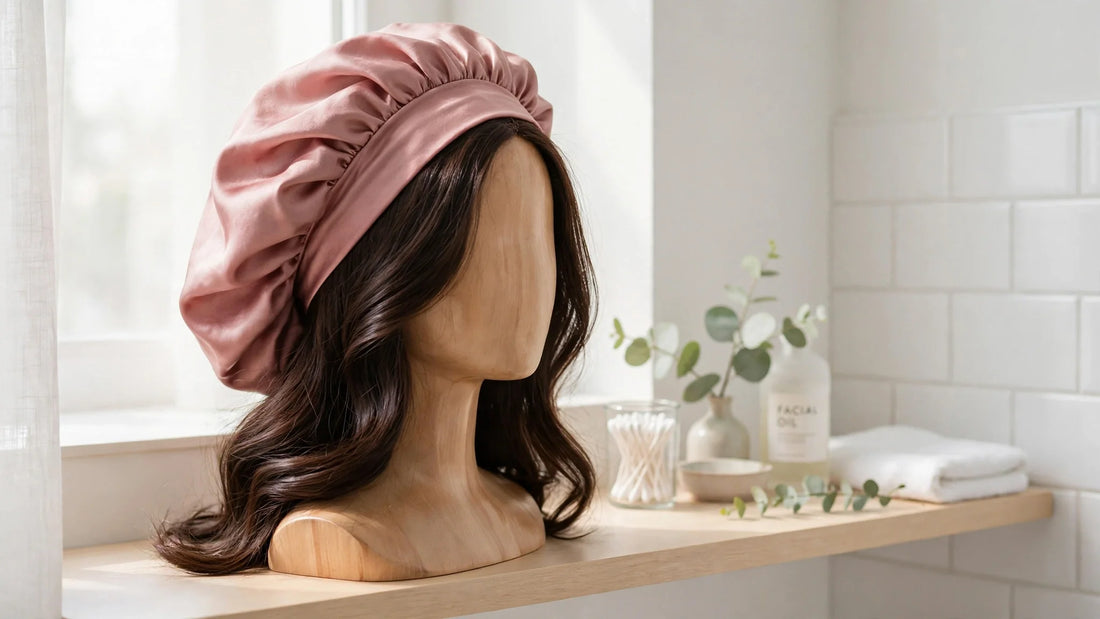 Bonnet de nuit en soie rose poudré posé sur un buste mannequin en bois avec des cheveux bruns brillants