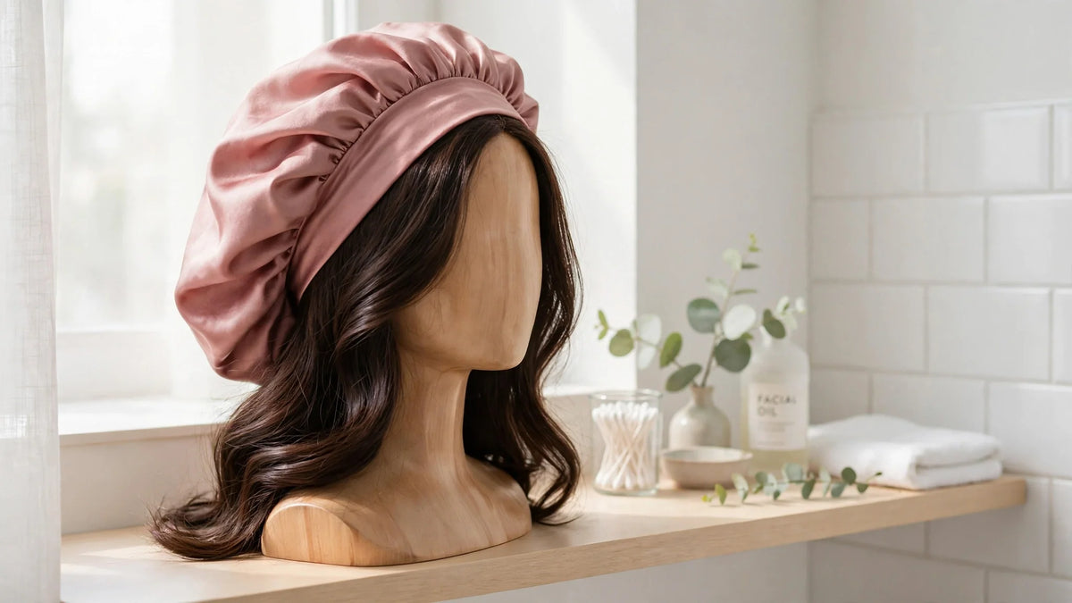 Bonnet de nuit en soie rose poudré posé sur un buste mannequin en bois avec des cheveux bruns brillants