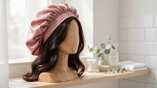 Bonnet de nuit en soie rose poudré posé sur un buste mannequin en bois avec des cheveux bruns brillants