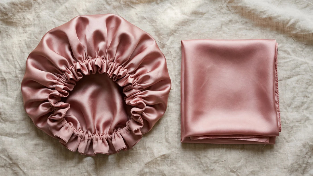 Comparaison côte à côte d'un bonnet de nuit en soie rose poudré et d'un foulard en soie plié sur du lin