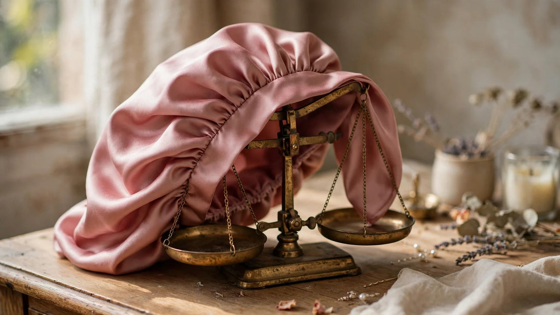 Bonnet de nuit en soie rose poudré drapé sur une balance vintage en laiton