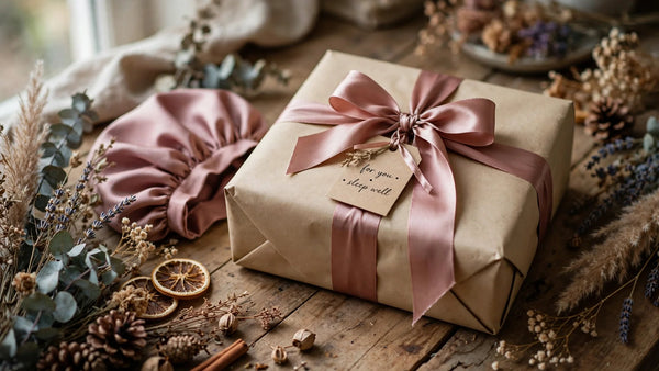 Bonnet de nuit en soie rose poudré emballé en cadeau avec ruban satin et étiquette sur une table en bois