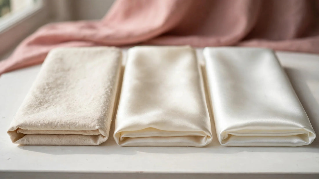 Comparaison de trois tissus : coton, soie et satin cote a cote