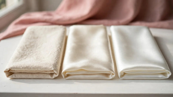 Comparaison de trois tissus : coton, soie et satin cote a cote