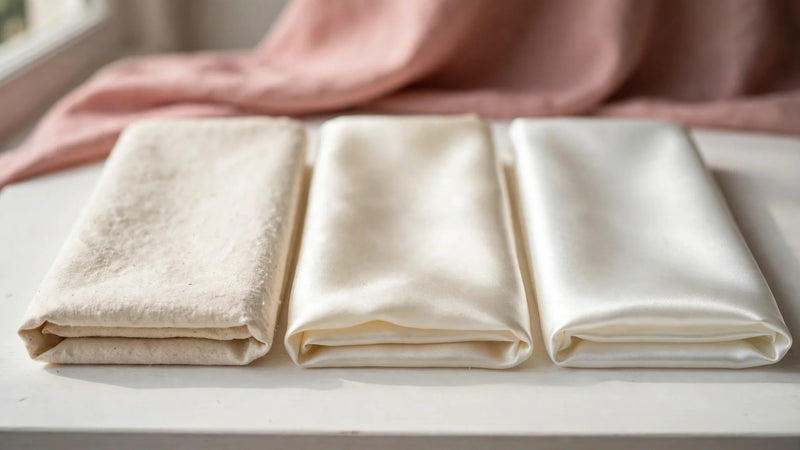 Comparaison de trois tissus : coton, soie et satin cote a cote