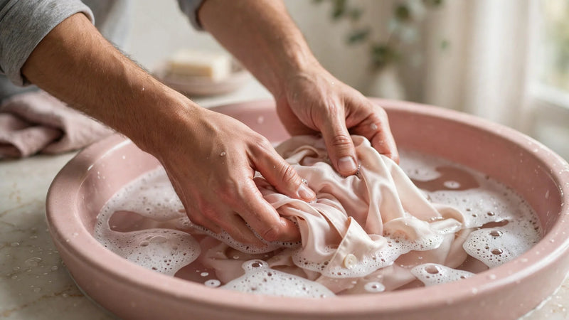 Mains lavant délicatement un pyjama en soie homme dans une bassine
