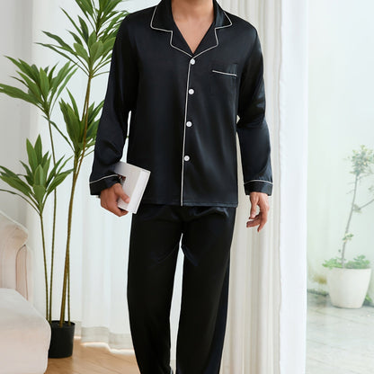 Pyjama long noir en soie pour homme